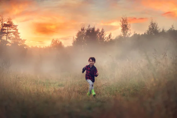 Повнометражний Знімок Маленького Хлопчика Бігає Полі Заході Сонця — стокове фото