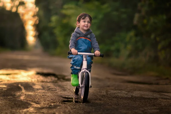 Adorável Menino Andar Bicicleta Estrada Olhando Para Longe — Fotografia de Stock
