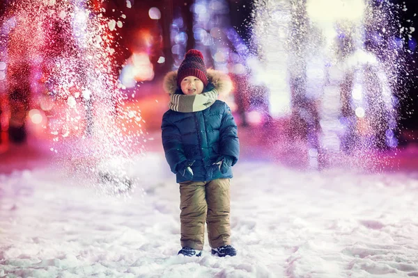 Full Length Shot Cute Boy Looking Away Throw Snow Background — Fotografia de Stock
