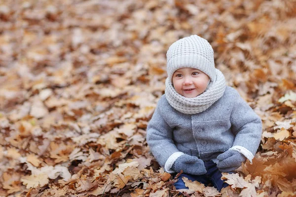 Счастливый Мальчик Вязаной Шляпе Шарфе Сидит Желтых Осенних Листьях — стоковое фото