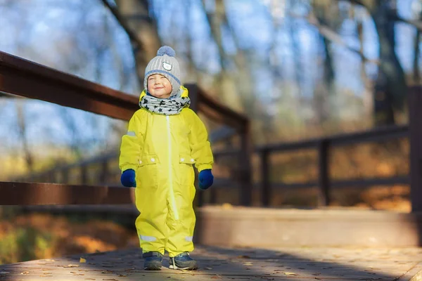 Full Length Shot Cute Boy Closed Eyes Standing Wooden Bridge — Stock fotografie