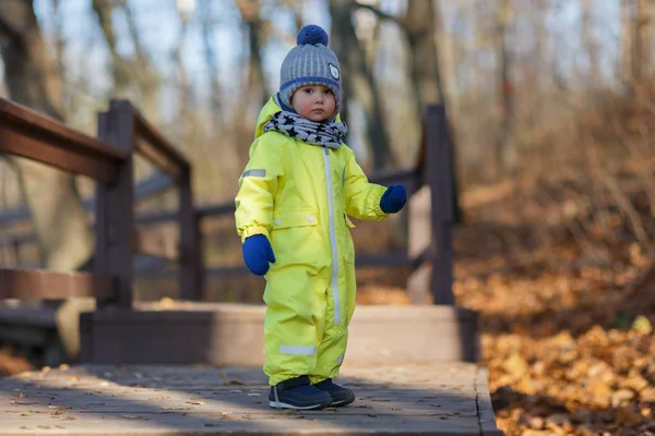 Adorable Boy Looking Camera Standing Bridge Park — Stock Photo, Image