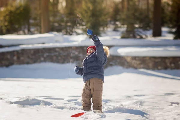 Small Boy Fishing Lake Winter — Stock Photo, Image