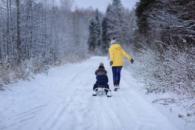 arkadan görünüşü anne binme oğul kızak üzerinde 