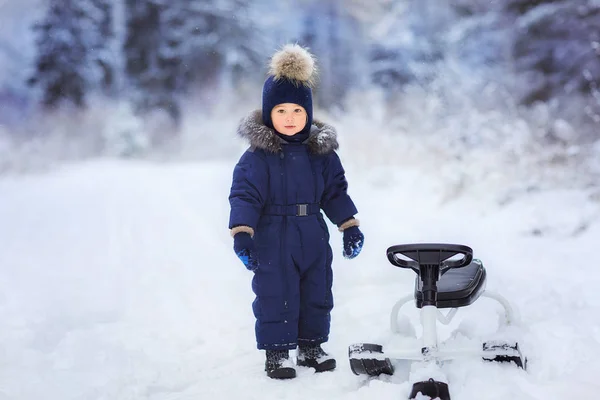 冬のそりと雪の公園に立っている小さな男の子の全身ショット — ストック写真