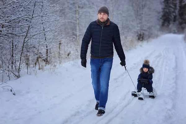 Father Riding Son Sledge Winter Park — Stock Photo, Image