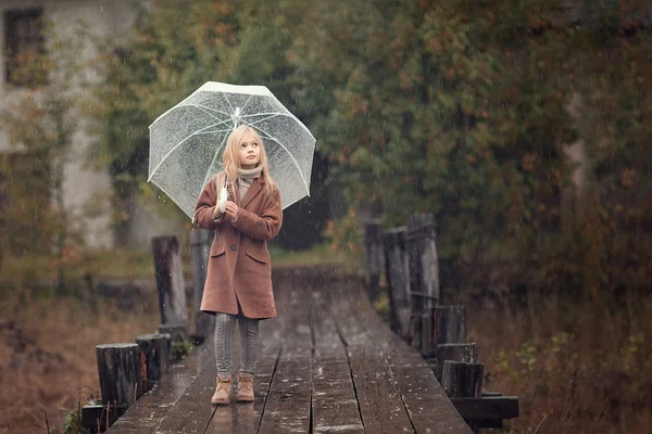 Pełna Długość Strzał Dziewczynka Parasolem Stojąc Drewnianym Molo Deszczowa Pogoda — Zdjęcie stockowe
