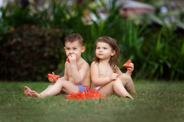 Doi Copii Care Mănâncă Pepene Verde Stând Iarba Din Grădină — Fotografie, imagine de stoc