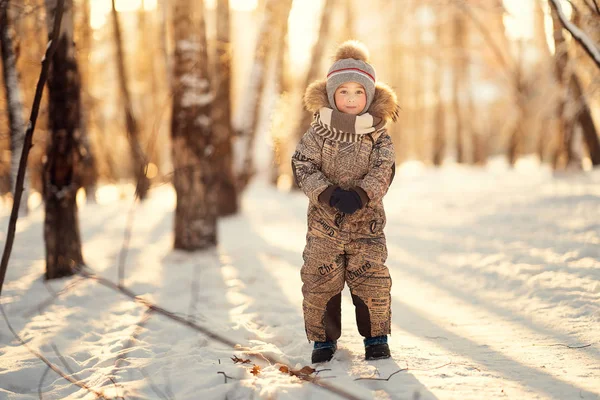 Веселий Хлопчик Стоїть Парку Сонячний День Дивиться Камеру — стокове фото