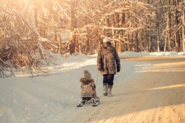 arkadan görünüşü Büyükanne binme çocuk ormandaki karlı yolda kızak üzerinde 