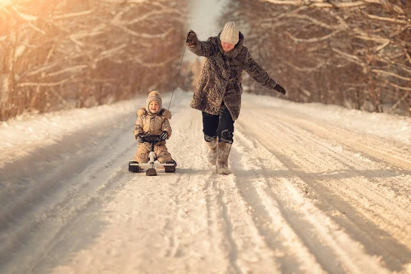 冬の屋外そりに壮大な息子に乗って祖母の全身ショット — ストック写真