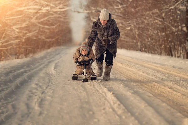 Grandmother Grandson Spending Tine Together Sledding Outdoors Winter — Stock Photo, Image