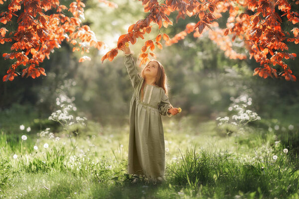 Small girl in dress holding branch of tree in the park