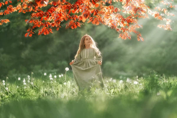 Full Length Colpo Bambina Guardando Luci Del Sole Nel Parco — Foto Stock