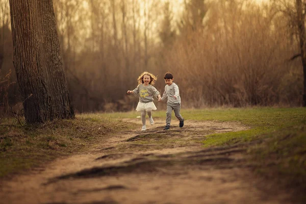 Gelukkige Kinderen Rennen Het Spring Park — Stockfoto