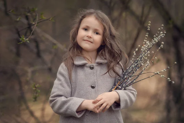 Cheerful Girl Willow Flowers Hands Outdoors — Stock Photo, Image