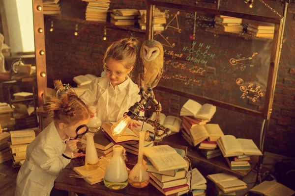 Pequeños Investigadores Que Realizan Experimentos Químicos Laboratorio —  Fotos de Stock