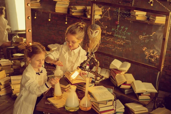 実験室で実験を行うランプの上に座ってフクロウと白いコートを着た女子学生 — ストック写真