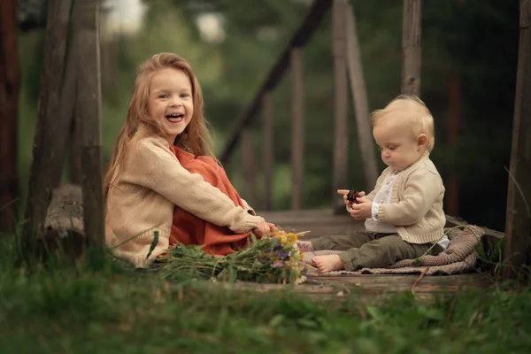 Μικρό Αγόρι Παίζει Πεύκο Ενώ Αδελφή Κάθεται Κοντά Και Χαμογελά — Φωτογραφία Αρχείου
