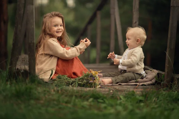 Brother Sister Sitting Wooden Bridge Playing Together — Stock Photo, Image