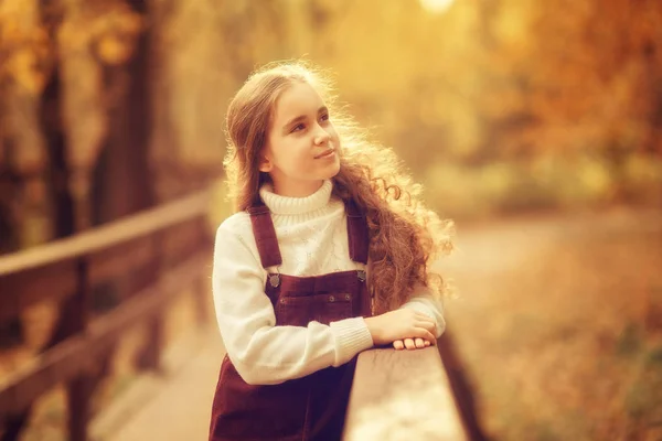 Imádnivaló Kaukázusi Lány Néz Félre Miközben Áll Korláton Híd Parkban — Stock Fotó