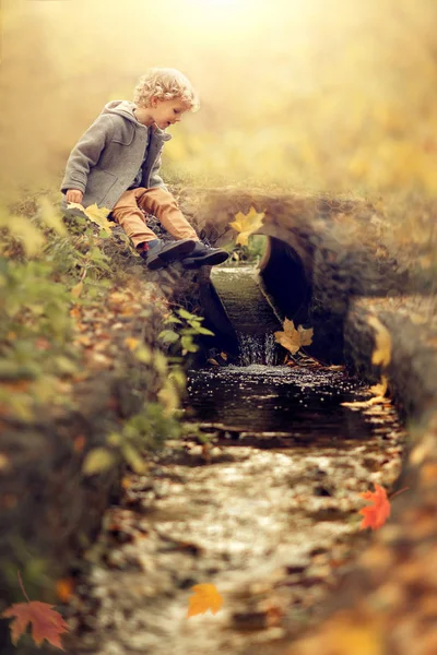 Malý Chlapec Sedí Sám Řeky Podzimním Parku — Stock fotografie