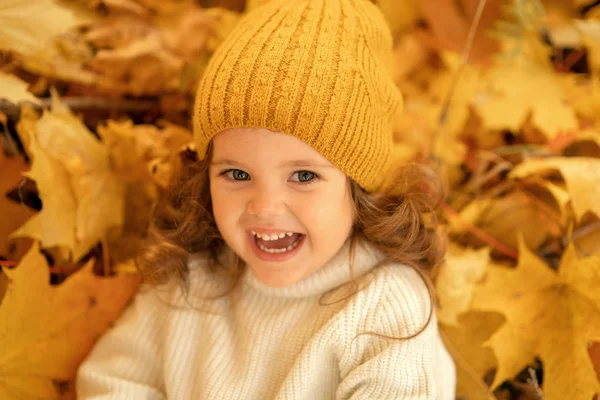 Porträt Eines Fröhlichen Mädchens Mit Mütze Die Herbstlaub Liegt — Stockfoto