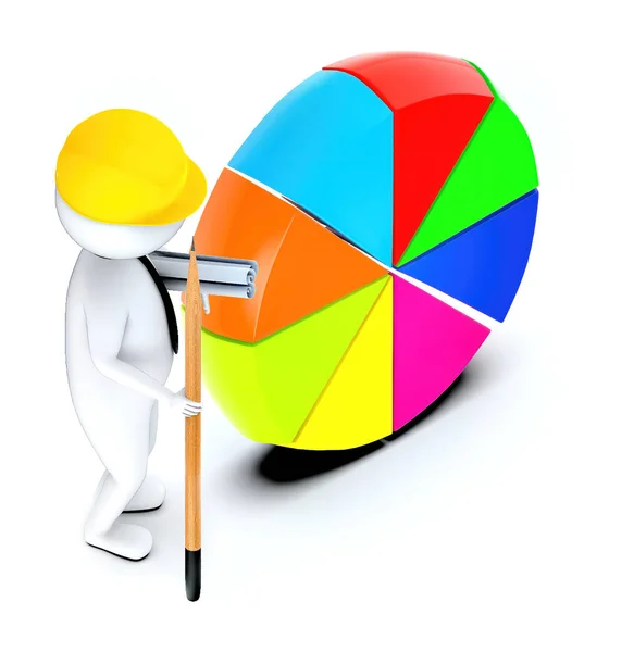 3d white guy , wearing hard helmet holding drafts and a pencil , architect , engineer -pie chart vertical stand on ground