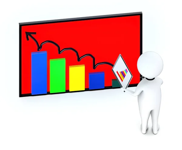 3d white guy , neck tie holding a tablet and a pen -bar graph and scribbled arrow in a board