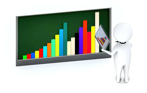 3d white guy , neck tie holding a tablet and a pen -bar graph