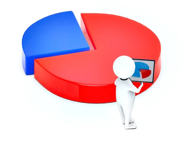 3d white guy , neck tie holding a tablet and a pen standing next to a pie chart