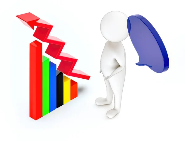 3d white guy , with speech bubble -increasing bar graph with zig zag arrow