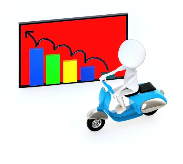 3d white guy , riding a scooter - increasing bar graph with rising scribbled arrow diagram