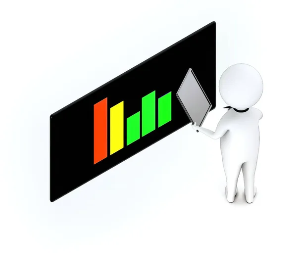 3d white guy , neck tie holding a tablet and a pen -increasing bar graph