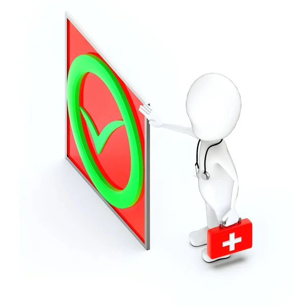 3d white character , doctor with stethoscope and holding a first aid kit -green tick mark bounded by a circle