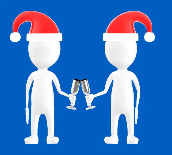 3d white character , two character wearing xmas cap and clinking glasses