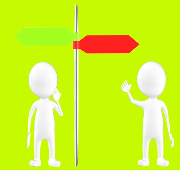 3d white character , two characters standing in front of a direction sign post