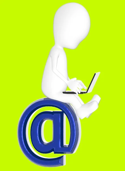 3d white character using laptop while sitting on top of email symbol