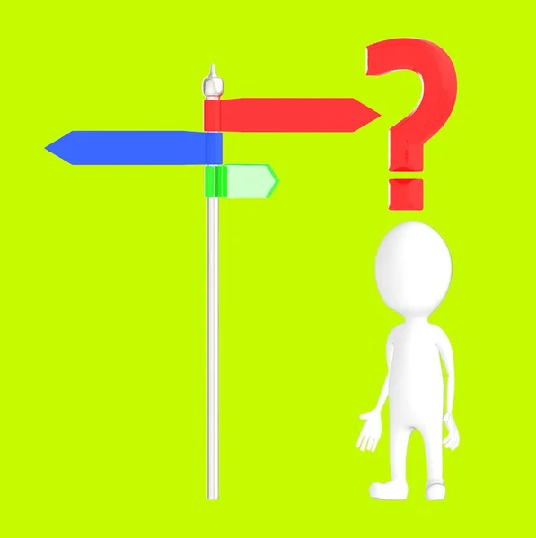3d white character standing in front of a arrow sign board , question mark over his head
