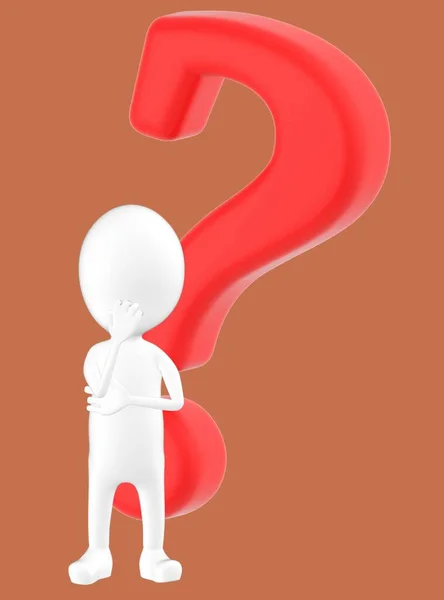 3d white character thinking in front of a question mark