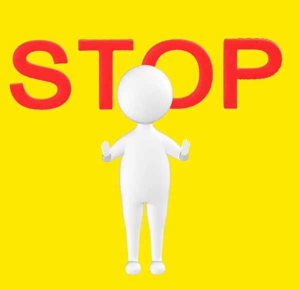 3d character , man showing stop gesture with stop text beyond it
