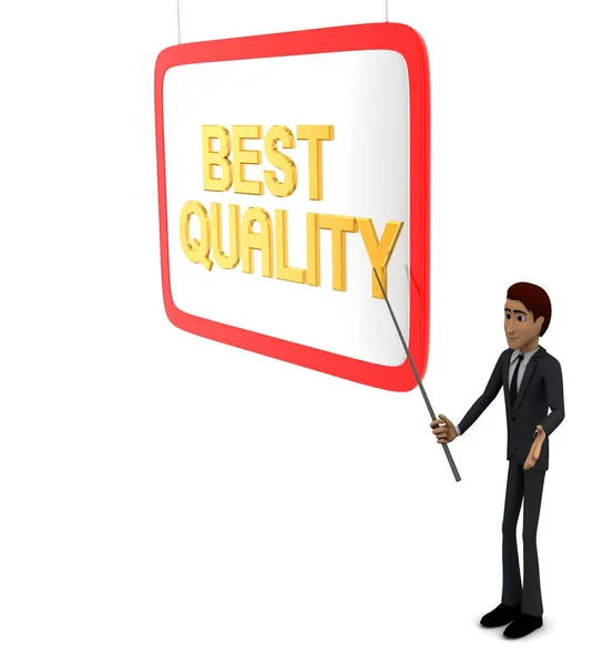 3d man holding  stick in hand and point at presentation board with stick at BEST QUALITY concept