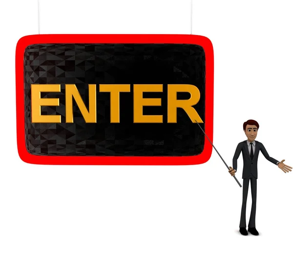 3d man holding  stick in hand and point at presentation board with stick at ENTER text concept