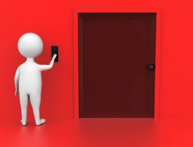 3D adam zil çalıyor - beyaz izole edilmiş arkaplana anahtar konsepti yerleştiriliyor - 3D görüntüleme, ön açı görünümü