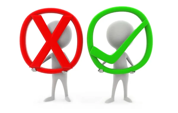 3D adam beyaz arkaplan, ön açı görünümlü doğru ve yanlış işaret kavramını sunar