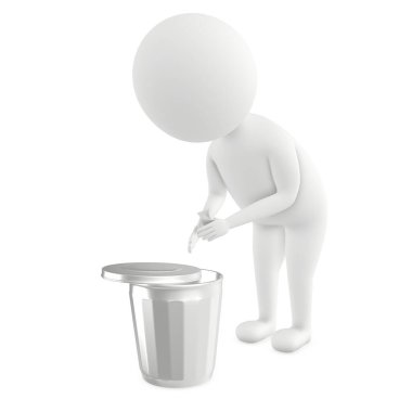 3d beyaz karakter atığı çöp kutusuna atıyor - 3d biçimlendirme