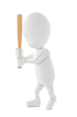 Tahta bir sopa tutan üç boyutlu beyaz karakter.