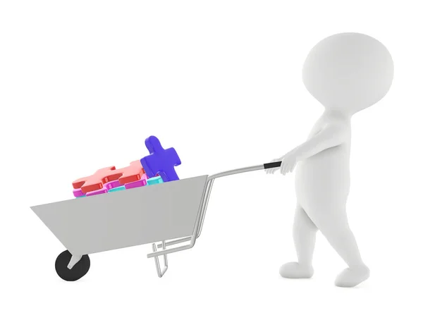 Character Man Moving Cart Jigsaws Rendering — стоковое фото