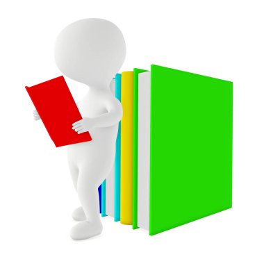 3D beyaz karakter kitap yığınının yanında kitap okuyor - 3D oluşturma