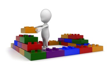 3D adam, beyaz arkaplan, kenar açı görünümünde yapboz parçaları kavramı yapıyor